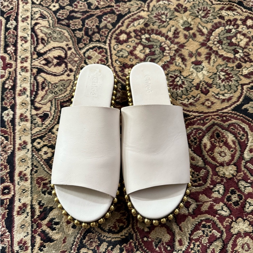 Chloe Cream Mules with Gold Studs